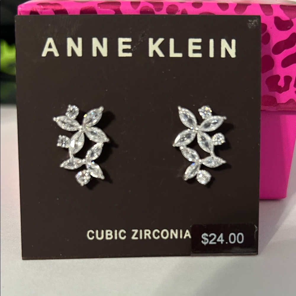 Anne Klein Silver Leaf Earrings with Cubic Zirconia